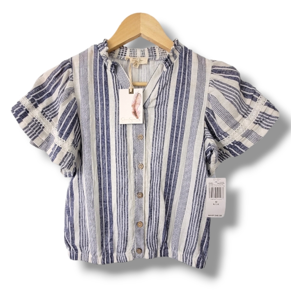 Jessica Simpson Girls Chambray Ruffle Sleeve Lace Striped Blouse 8/10 - Picture 1 of 5